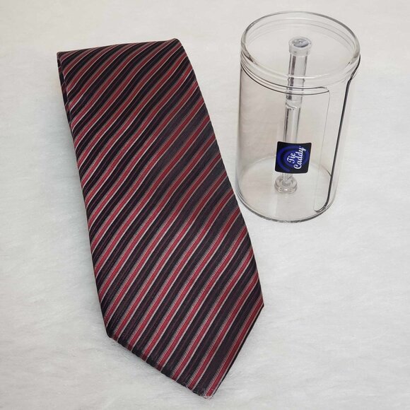 Men's ALFANI 100% Silk Black Red Striped Tie + Tie Caddy Storage Container - Picture 1 of 12